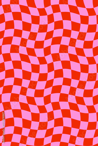 Wavy checker pattern background in red and pink with retro groovy vibe. Perfe...