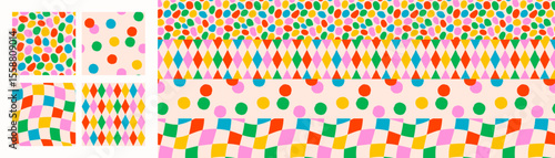 Colorful confetti pattern backgrounds with abstract dot, diamond, square, and...