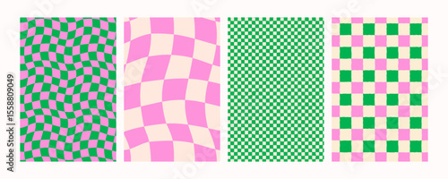 Green and pink wavy checker pattern backgrounds or posters. Seamless retro psychedelic vector for kids room, wrapping paper, or fun branding. Drag to swatches panel to use
