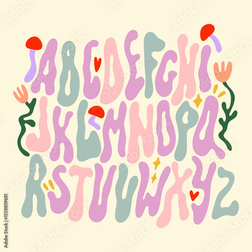 Groovy liquid positive vibe aesthetic hand-drawn bright color alphabet font with flowers and mushrooms in hippie bohemian groovy postmodern funky 1960s boho mushroomcore trendy psychedelic style
