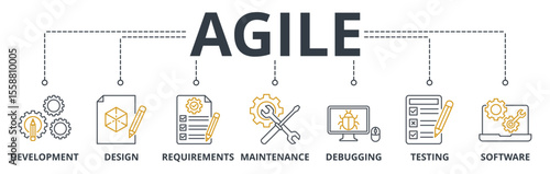 Agile web banner icons Vector illustration concept with icons keywords of development, design, requirements, maintenance, debugging, testing and software 