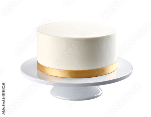 A classic round white cake featuring an elegant gold ribbon, perfectly displayed on a sleek cake stand.