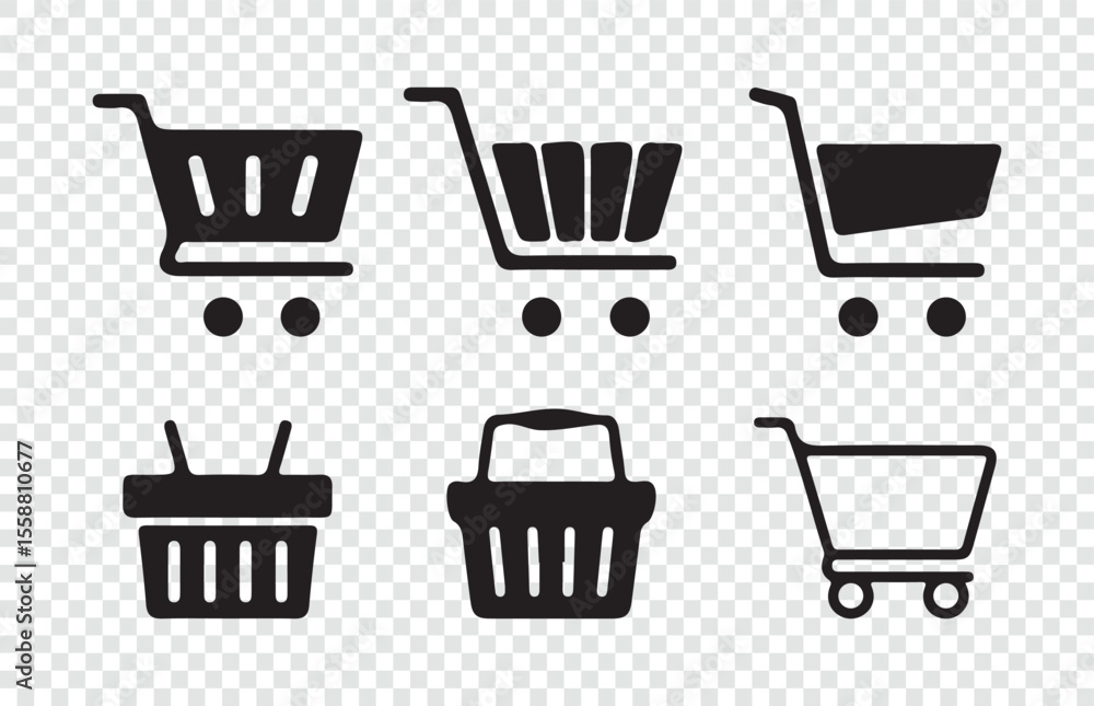 Flat Black Shopping Trolley and Basket Icons on Transparent Background Flat Black Shopping Trolley and Basket Icons on Transparent Background