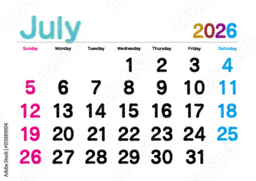 2026年7月の刺繍文字風カレンダー 日曜始まり 日本の祝日表記無し

