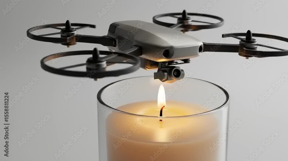 Drone hovering above a lit candle in a minimalist setting, showcasing technology and tranquility Drone hovering above a lit candle in a minimalist setting, showcasing technology and tranquility