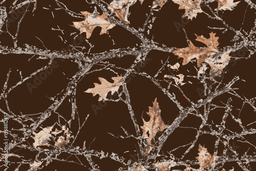 A Realtree-inspired camo with realistic twigs, leaves, and shadows.A  detailed, high-resolution camouflage of tree branches and leaves for hunting and outdoor activities.
