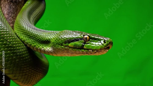 Green Tree Python Close-up with Green Screen Background Snake and Tongue Flickering