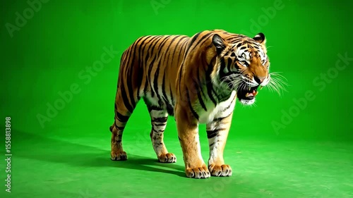 Majestic Bengal Tiger Walking on Green Background