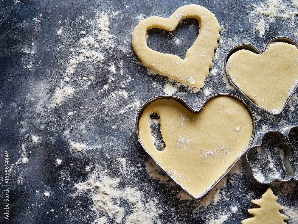 Obraz premium Heart-shaped cookie dough cutouts with metal cookie cutters on a floured surface.
