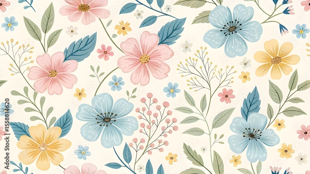 Pastel floral arrangement with leaves and buds pattern Pastel floral arrangement with leaves and buds pattern