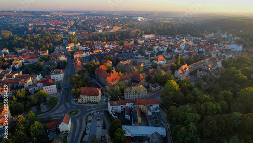 Aerial view of the old town of the city Weissenfels on a sunny morning in summer in Germany.