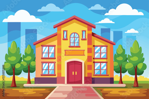 Cartoon building with trees and clouds in a bright sunny day scene