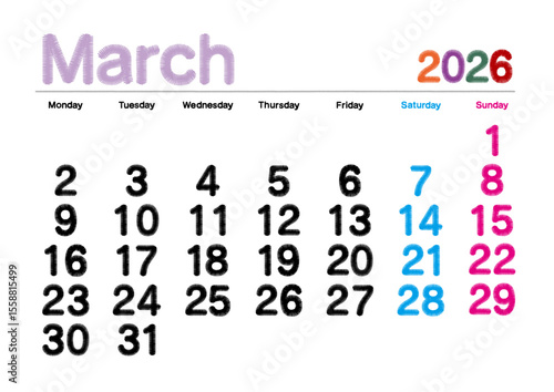 2026年3月の刺繍文字風カレンダー 月曜始まり 日本の祝日表記無し
