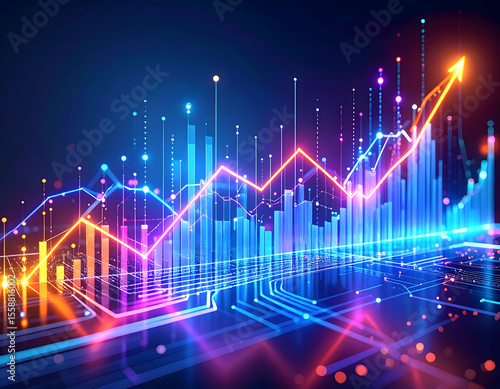 A glowing digital graph shows stock market or cryptocurrency trends in a neon style. Zigzag lines and tall bar charts rise and fall across a dark background, hinting at fast-moving data and tech vibes