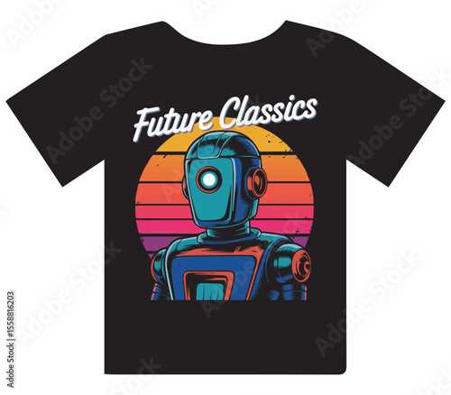 Retro Robot Head 'Future Classics' T-Shirt Design with Sunset Background" or "Cyborg Face and Synthwave Aesthetic Graphic Tee