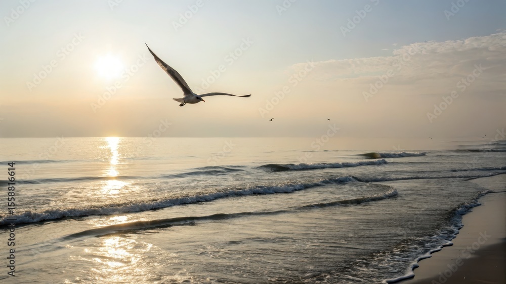 Naklejka premium A serene beach scene with a seagull flying over gentle waves at sunset.