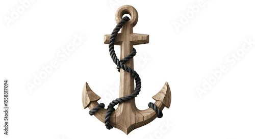 A realistic wooden anchor decor wrapped with black rope, centered on clean white