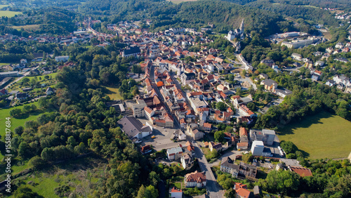Aerial view of the old town of the city Weida on a sunny noon in summer in Germany.