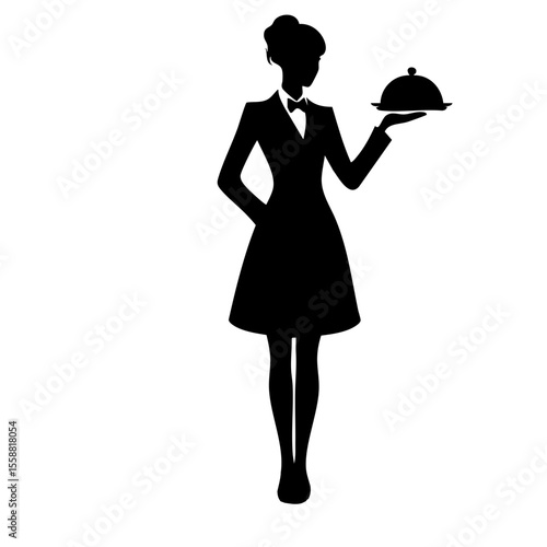 Waiter woman presenting dish silhouette in formal attire  