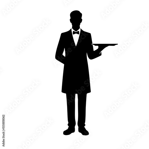 Black silhouette of waiter holding tray while standing in uniform  