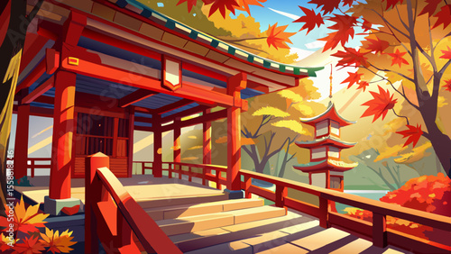 Close shot of the temple’s wooden balcony with red railings, surrounded by maple leaves. Sunlight filters through trees, casting dappled light onto the polished timber beams.

