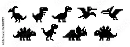 Fototapeta Dinosaur pixel game icon offline error. Cartoon dinosaur pixel icon art.