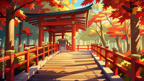 Close shot of the temple’s wooden balcony with red railings, surrounded by maple leaves. Sunlight filters through trees, casting dappled light onto the polished timber beams.

