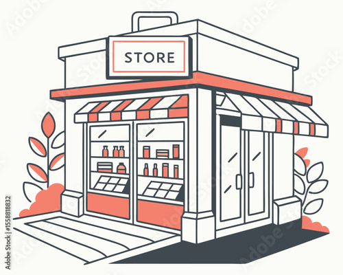 Vector art of a small store building with awning isolated on white background