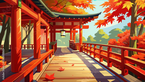 Close shot of the temple’s wooden balcony with red railings, surrounded by maple leaves. Sunlight filters through trees, casting dappled light onto the polished timber beams.

