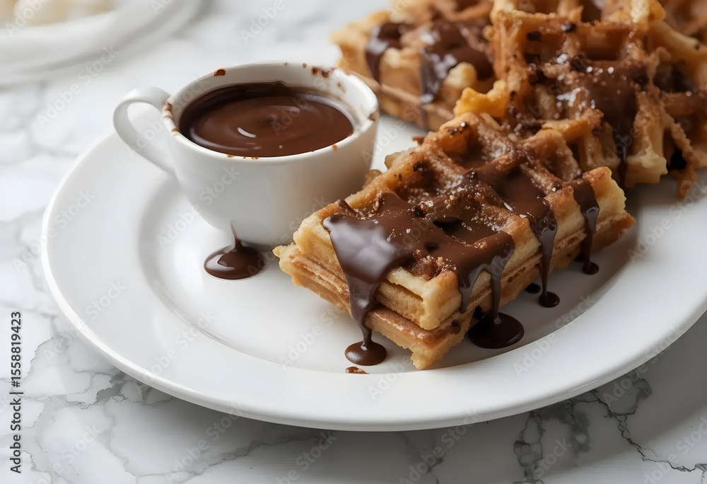 Waffles cut into quarters, dipped in chocolate, standing upright on marble background, dynamic food styling for modern ad. Waffles cut into quarters, dipped in chocolate, standing upright on marble background, dynamic food styling for modern ad.