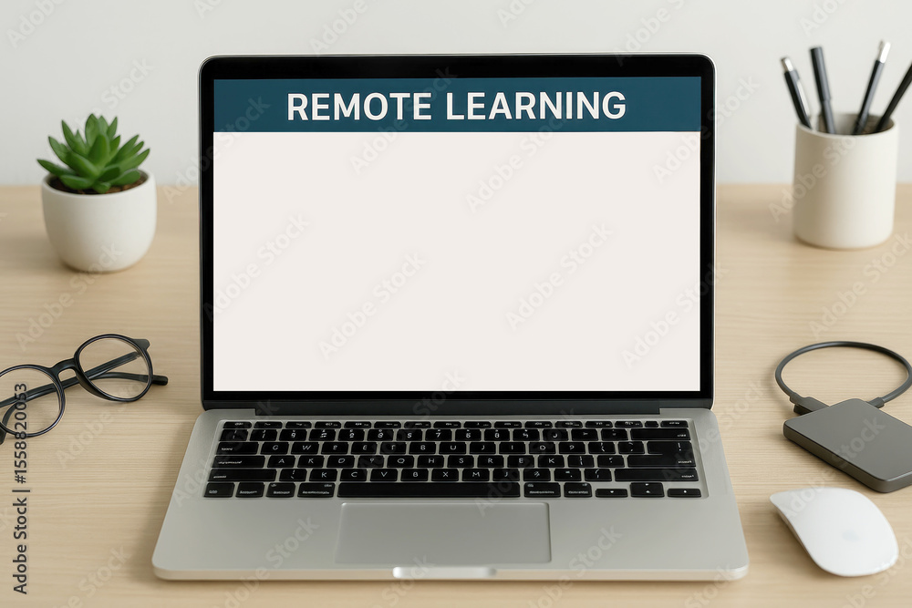 Fototapeta premium Modern workspace setup with laptop displaying remote learning desk technology