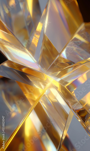 Abstract golden crystal structure shining with light reflections