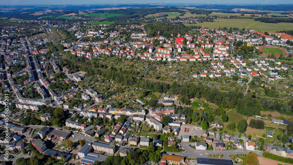 Naklejka premium Aerial view of the old town of the city Reichenbach on a sunny noon in summer in Germany.