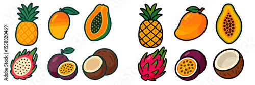 Colorful tropical fruits displayed on a bright background in a fun and playful style