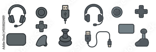 Various gaming accessories and components showcased in a minimalist style on a plain background
