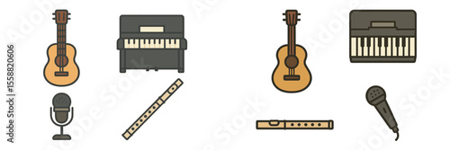 Musical instruments arranged on a simple white background showcasing various types from guitars to keyboards