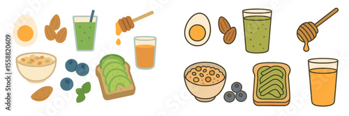 Healthy breakfast spread with smoothies, eggs, toast, and honey at morning meal setting