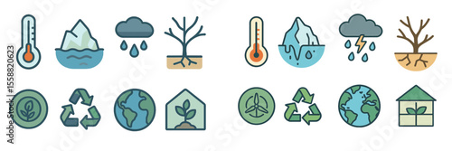 Icons representing climate change effects and environmental sustainability practices for awareness and education