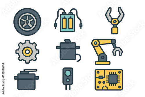 Collection of mechanical and electronic components displayed on a flat surface for educational purposes and design inspiration