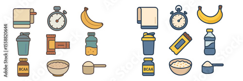 Nutritional preparation items arranged for fitness activities including timing tools, supplements, and food sources