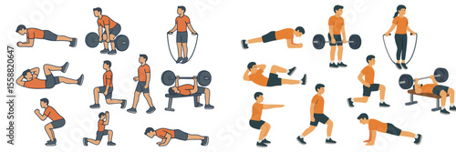Workout routines showcasing various exercises for strength and fitness using bodyweight and weights in a gym setting