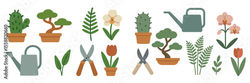Colorful gardening illustrations showcasing various plants, tools and accessories used in indoor gardening