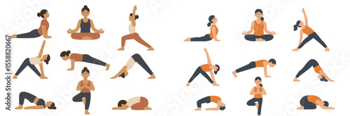 Various yoga poses demonstrated by diverse women in a calm indoor setting during a wellness class for fitness and relaxation
