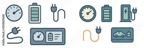 Icons representing electric vehicle charging and battery levels for modern transportation energy needs