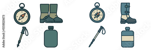 Essential outdoor gear includes compass, boots, water bottle, and trekking tools for adventures in nature