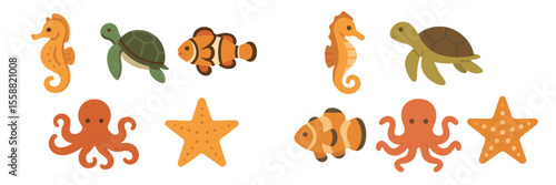 Colorful marine animals display in a playful arrangement with seahorses, turtles, clowns fish, and octopuses presenting a vibrant underwater theme