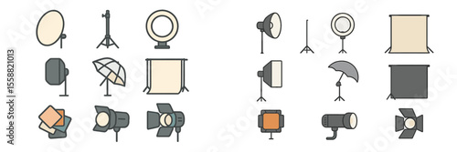Collection of photography lighting equipment and accessories in a studio setting