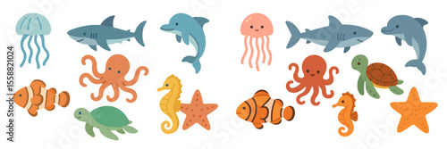 Colorful sea creatures in a playful underwater illustration for children's educational materials