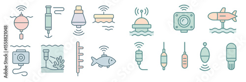 Various aquatic symbols representing buoys, sensors, and monitoring devices used in marine environments