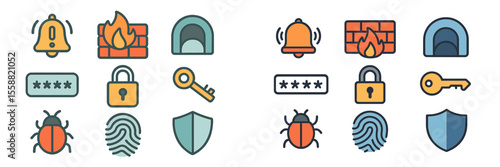 Icons representing security and safety measures including alarms, locks, and shields amidst various hazards and threats